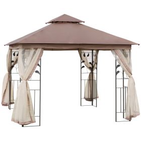 10' X 10' Outdoor Patio Gazebo Canopy With 2-Tier Polyester Roof, Netting, Curtain Sidewalls, And Steel Frame, Brown