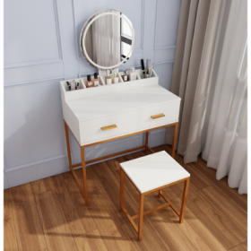 Vanity Set With Mirror And Stool - Makeup Vanity Table With Storage Drawers And Organizer, White And Gold, Space-Saving Design For Small Bedrooms