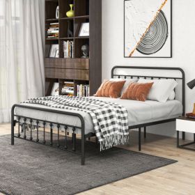 Metal Platform Bed Frame, Victorian Style Headboard Footboard Under Bed Storage No Box Spring Needed Queen Size Black