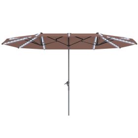 Outsunny 15ft Double-Sided Outdoor Umbrella with Solar Lights, UPF50+ Extra Large Aluminum Patio Umbrella with Crank, Tan