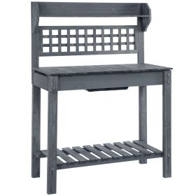 Outsunny Potting Bench Outdoor, Wooden Workstation with Expandable Sliding Tabletop, Storage Shelf and Dry Sink, Indoor and Outdoor, Gray