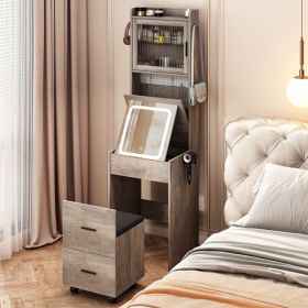 Small Vanity Desk with Mirror and LED Lights, Makeup Table with Charging Station and Storage Shelves for Small Space