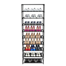 10 Tier Tall Shoe Rack for 30 Pairs Freestanding Modular Shoe Storage Organizer with Black Metal Tubes and Black Fabric Shelves Space Saving Shoe Shel