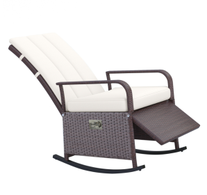 Rattan Wicker Rocking Chair Outdoor Patio Recliner Cream Soft Cushion Adjustable Footrest