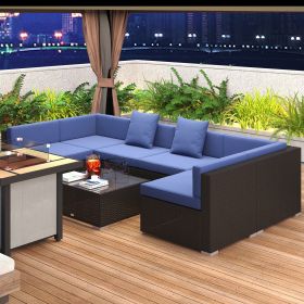 7-Piece Rattan Couch, Outdoor Patio Furniture Set, With Removable Cushions And Ottoman, Glass Coffee Table- Dark Coffee  Blue