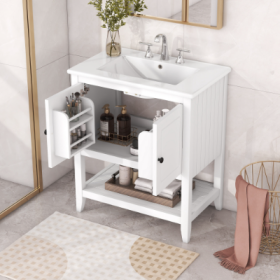 30 Modern Sleek Bathroom Vanity Elegant Ceramic Sink With Solid Wood Frame Open Style Shelf  Door Shelf Design (Color: White)