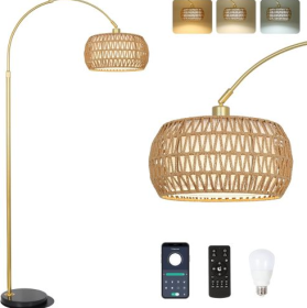 Simian Rattan Standing Lamp, 3 Color Temperature Adjustable Unavailable Platforms- Welfel (Option: Golden)