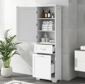Tall Bathroom Storage Cabinet, Freestanding Storage Cabinet With Two Different Size Drawers And Adjustable Shelf, MDF Board With Painted Finish, Grey (Color: White)