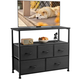 Dresser For Bedroom, Chest Of Drawers, 5 Drawer Dresser, Closet Fabric Dresser With Metal Frame Tv Stand (Color: Black)