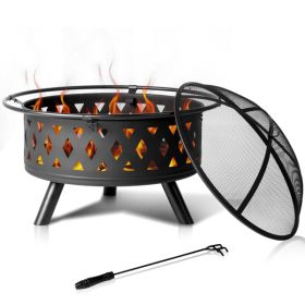 32in Round Shape With Lifting Ring, Mesh Lid, Diamond Holes, Wood-burning Brazier, Wrought Iron, Black (Color: Black)