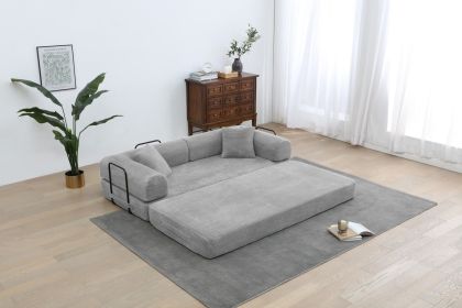 77.9'' Convertible Folding Sofa Bed – 4-in-1 Modular Floor Couch, Corduroy Small Cloud Couch, Compressed Foldable Sleeper Sofa (Color: Light Gray)
