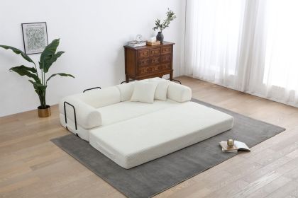77.9'' Convertible Folding Sofa Bed – 4-in-1 Modular Floor Couch, Corduroy Small Cloud Couch, Compressed Foldable Sleeper Sofa (Color: Creamy white)