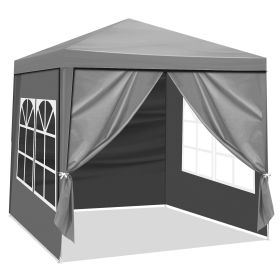 6.5x6.5FT Folding Canopy Tent with 4 Sidewalls 2 Zipper Doors and 2 Windows PE Fabric Outdoor Gazebo Shelter with Powder Coated Steel Frame Spiral Tub (Color: Gray)