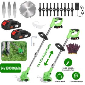 4V 300W Cordless Grass Trimmer Rechargeable Lawn Mower 18000M-Min Weed Cutter With Saw Blade 2 Stainless Steel Blades 10 Plastic Blades 2 Recharg (Color: Green)